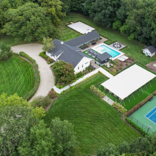 Aerial View of Property with Tennis/Basketball Court & Event Tent
